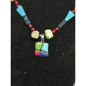 Sterling Silver 925 Thai Multi Stone Inlay Pendant Necklace 16in